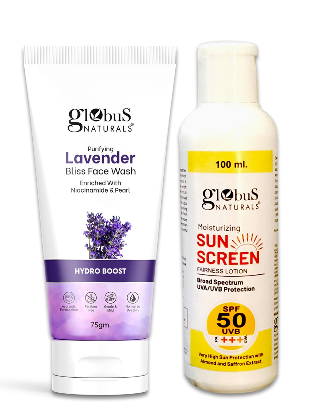 

Globus naturals Sunscreen Lotion SPF50++ 100ml & Lavender Face Wash 75g, Off white