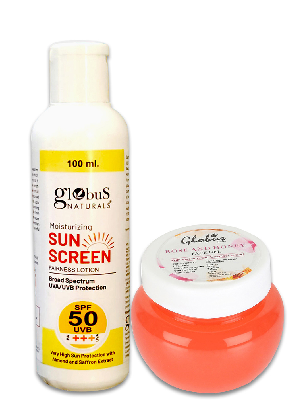 

Globus naturals Moisturizing Sunscreen Lotion SPF 50 & Rose & Honey Face Gel 100ml & 100g, White