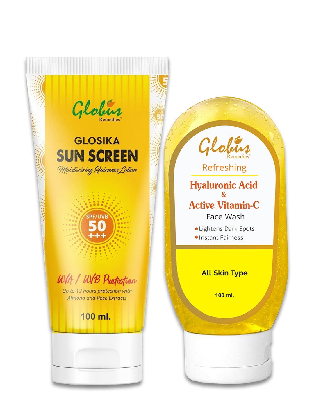 

Globus naturals Glosika Sunscreen SPF 50 & Hyaluronic Acid & Vit C Face Wash 100ml Each, Yellow