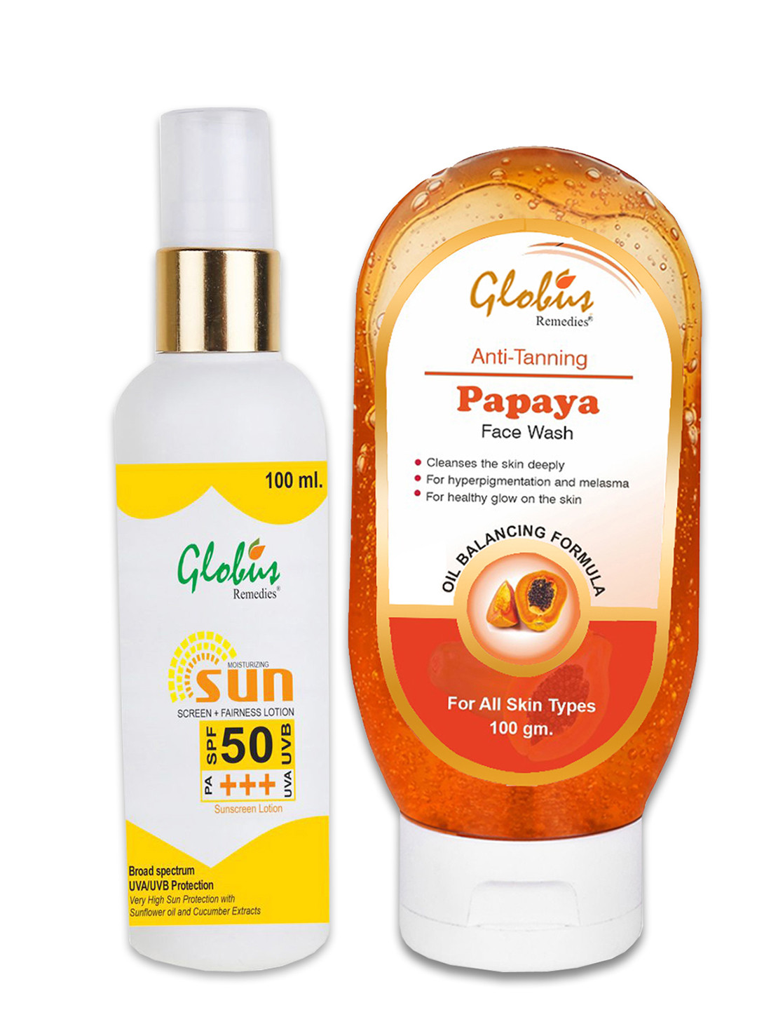 

Globus naturals Set Of 2 Sunscreen Lotion & Papaya Face Wash- 100ml Each, Off white