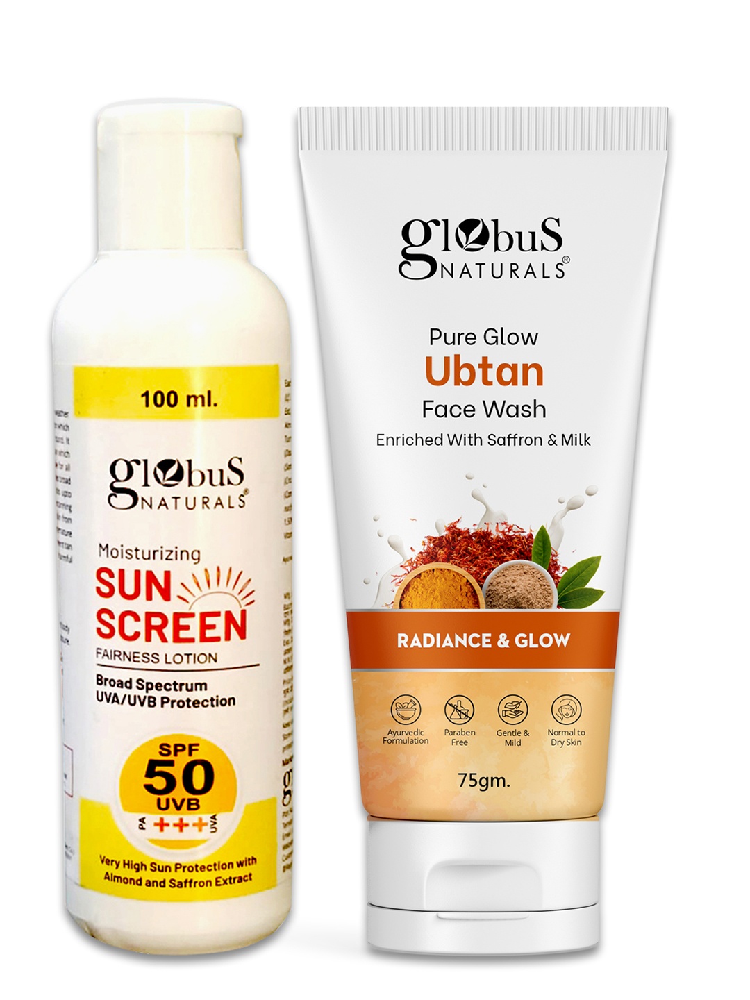 

Globus naturals Sunscreen Lotion SPF 50++ 100ml & Ubtan Face Wash 75g, Off white