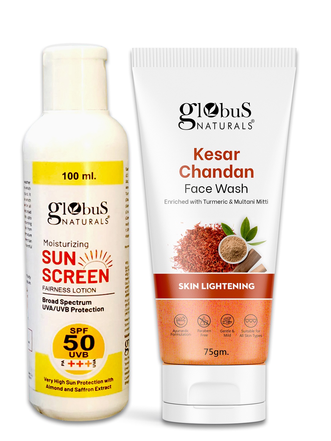 

Globus naturals Summer Sizzle Sunscreen Lotion SPF 50++ 100 ml & Kesar Chandan Face Wash, Off white