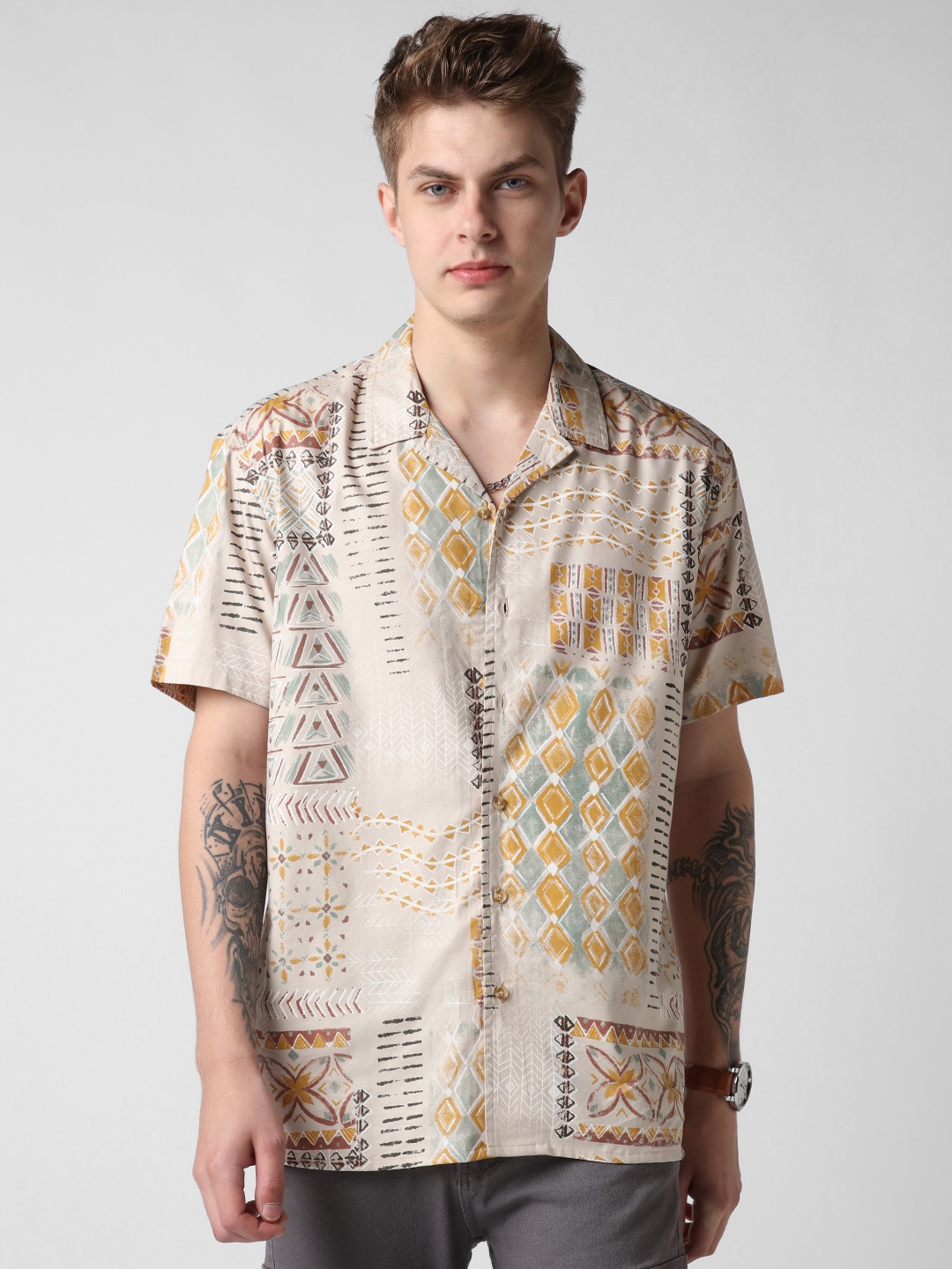 

VASTRADO Men Classic Abstract Printed Opaque Oversized Casual Shirt, Beige