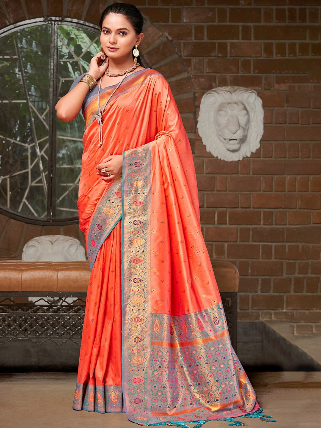 

MySilkLove Woven Design Zari Silk Blend Banarasi Saree, Orange