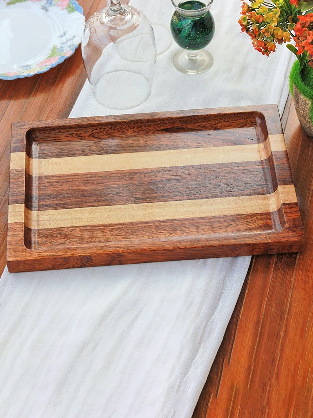 

Exotic India Brown & Beige Striped Wooden Serving Tray