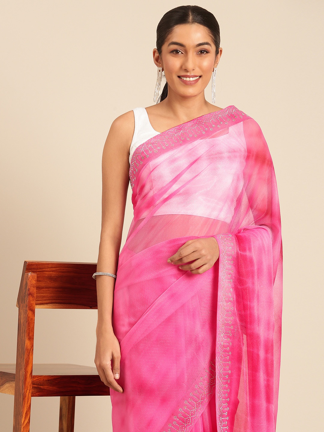 

HERE&NOW Embellished Designer Leheriya Saree, Pink