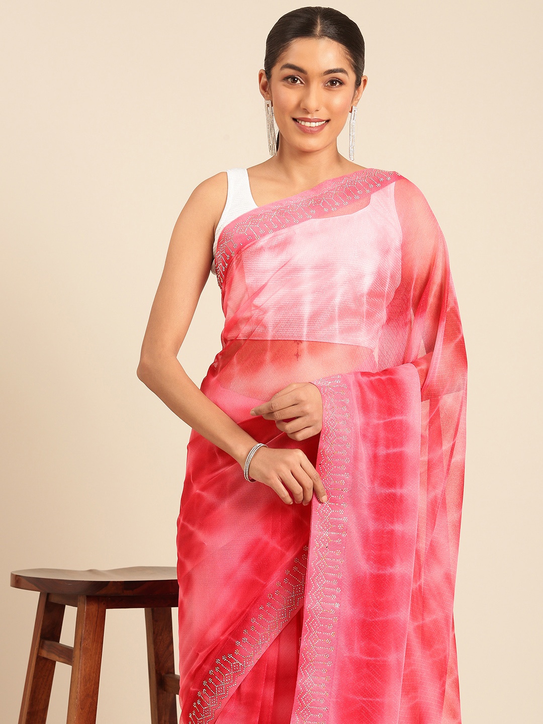 

HERE&NOW Embellished Designer Leheriya Saree, Red