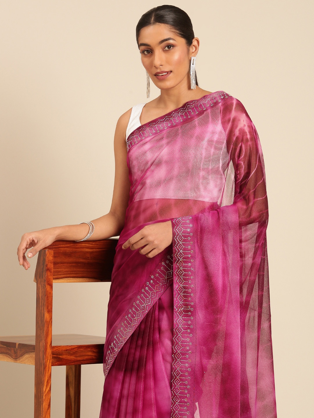 

HERE&NOW Embellished Designer Leheriya Saree, Magenta