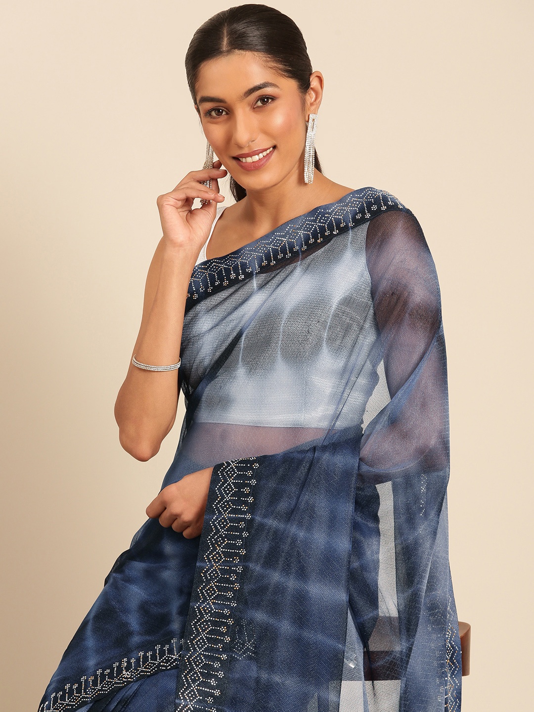 

HERE&NOW Embellished Designer Leheriya Saree, Navy blue