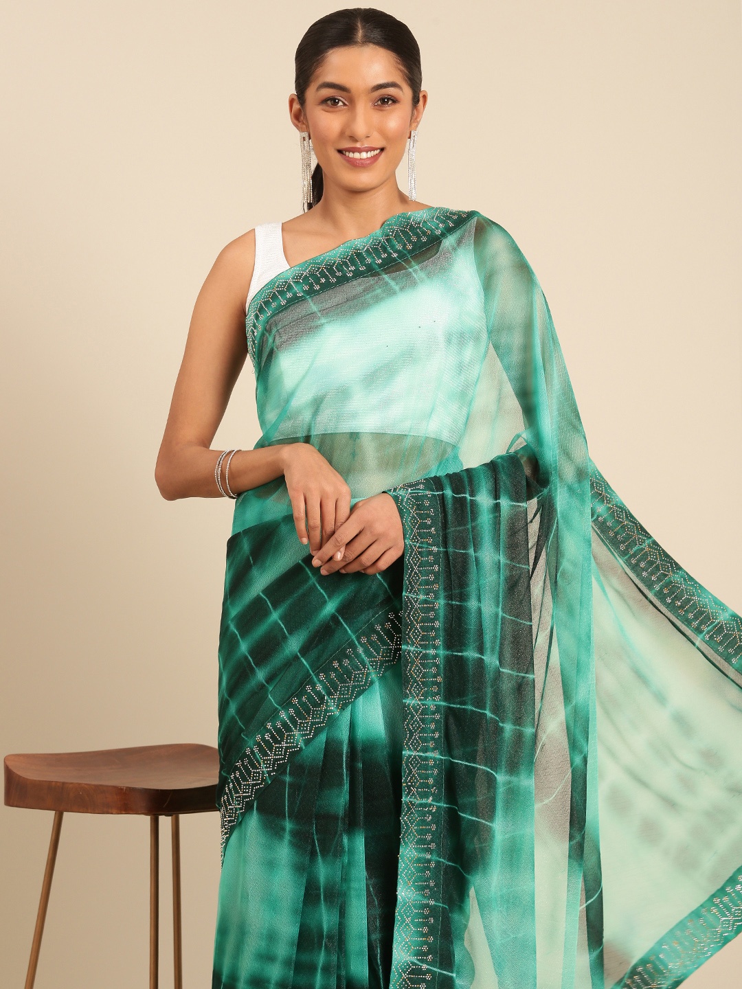 HERE&NOW Embellished Designer Leheriya Saree, Green