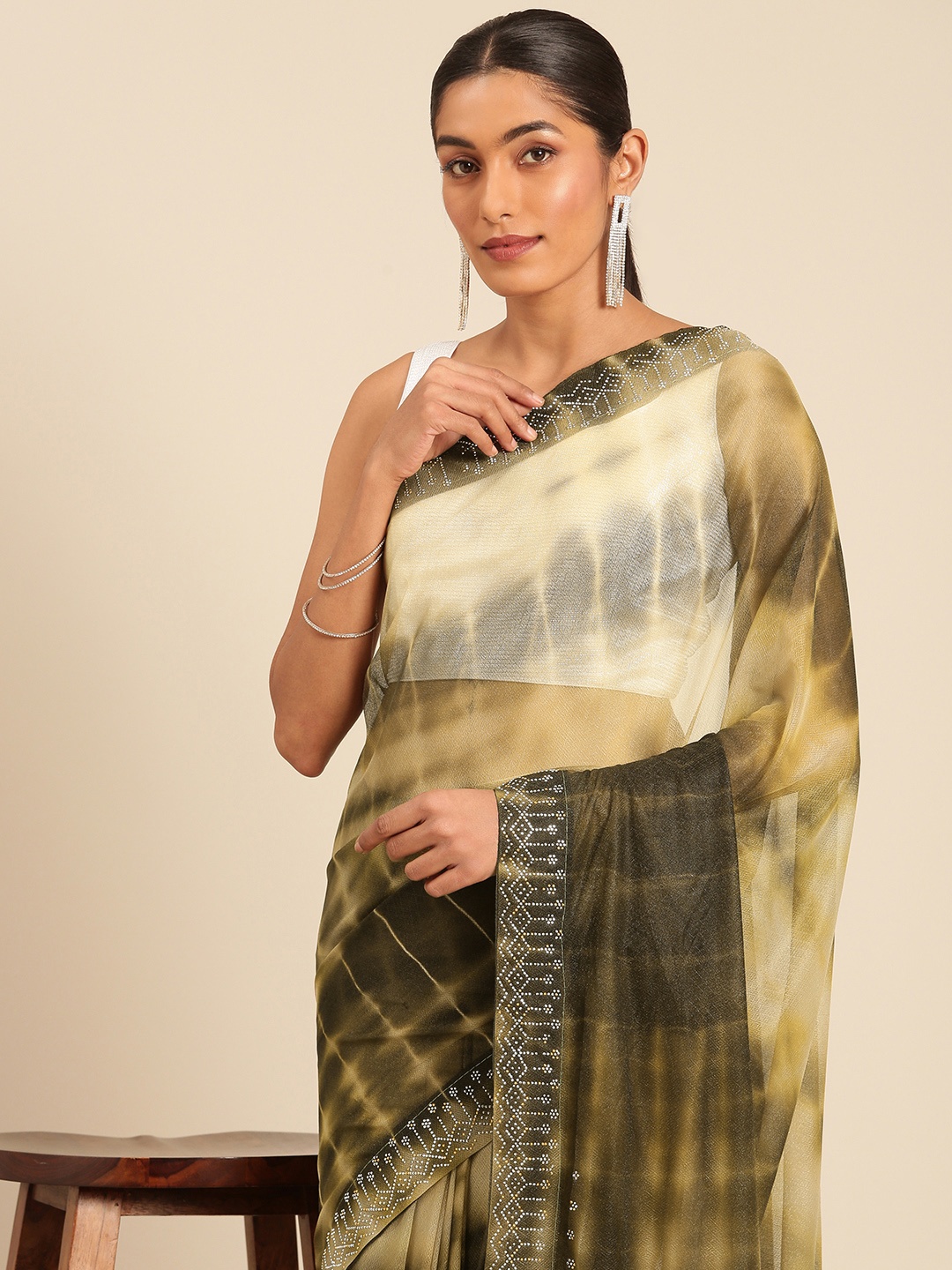 

HERE&NOW Embellished Designer Leheriya Saree, Olive