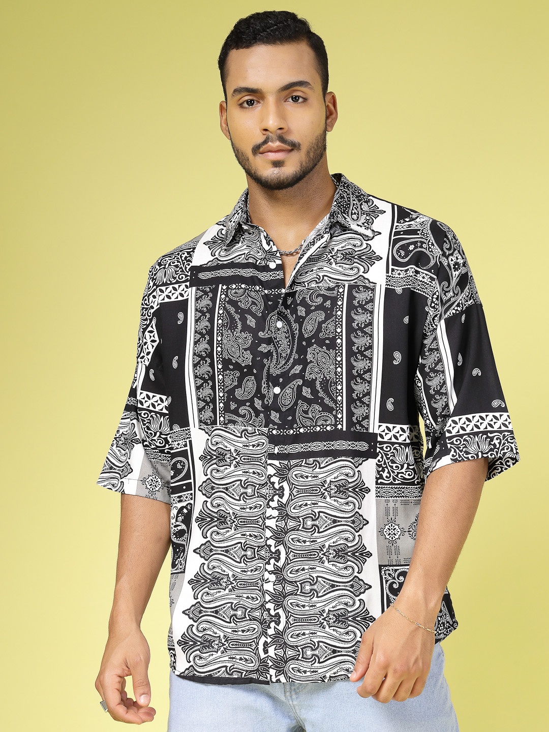 

Rigo Comfort Men Ethnic Motifs Printed Spread Collar Casual Shirt, Black