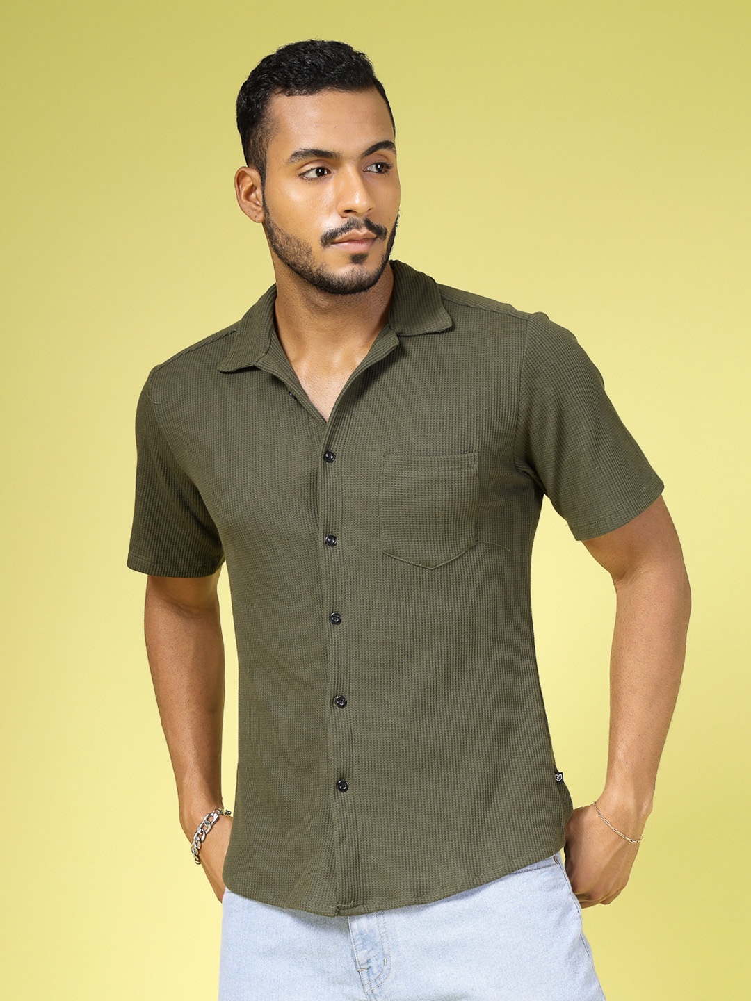 

Rigo Comfort Men Solid Spread Collar Slim Fit Casual Shirt, Olive