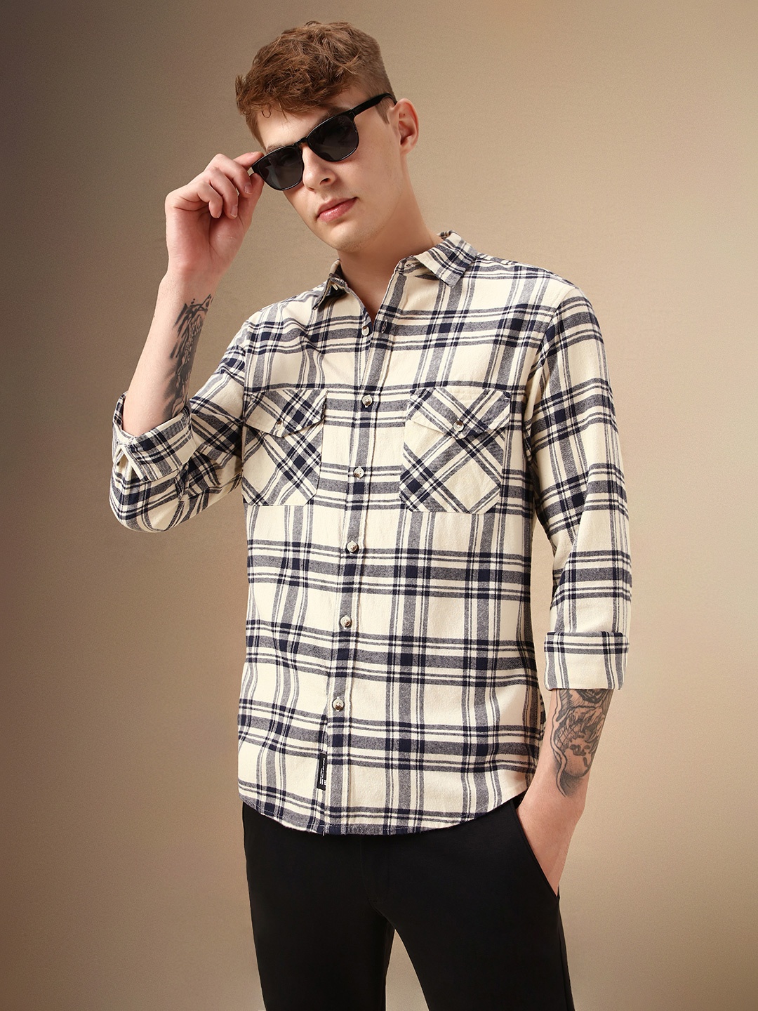 

Dennis Lingo Tartan Checks Flannel Relaxed Fit Pure Cotton Casual Shirt, Beige