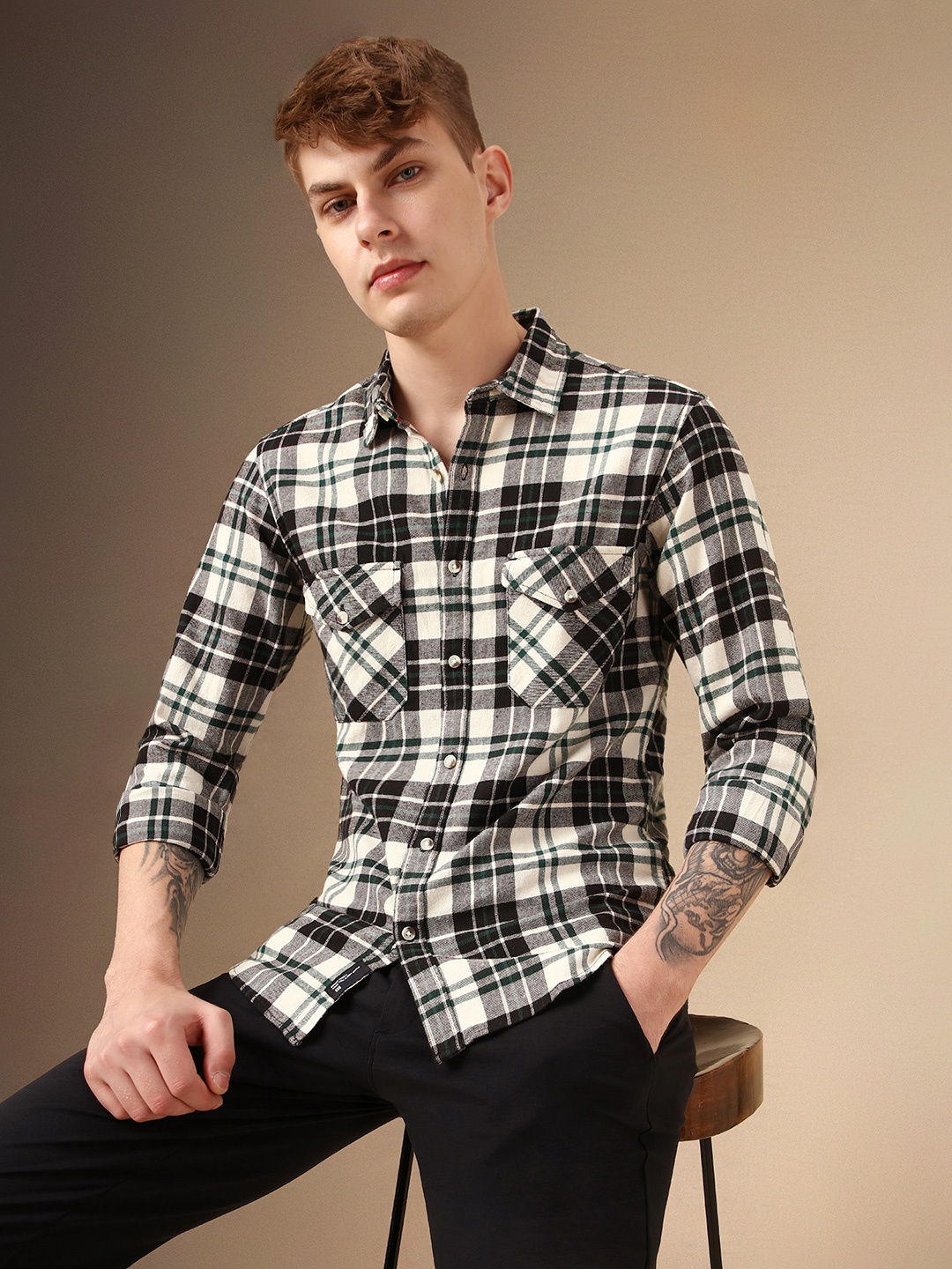 

Dennis Lingo Tartan Checks Flannel Relaxed Fit Pure Cotton Casual Shirt, Black