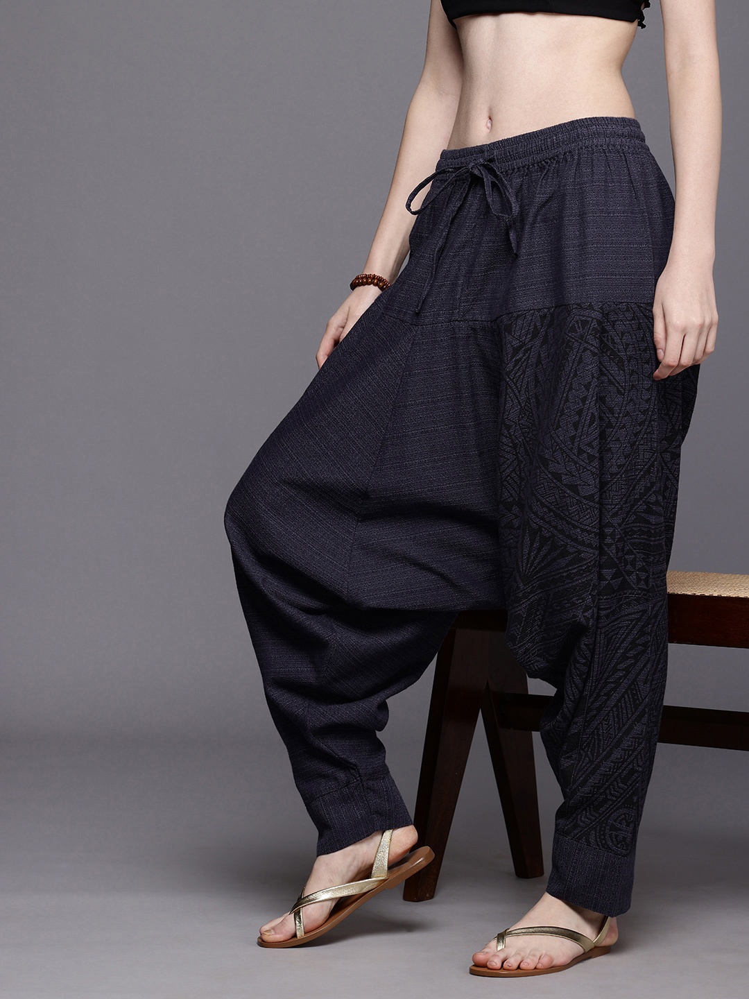 

The Veshti Company Printed Loose Fit Pure Cotton Harem Pants, Navy blue