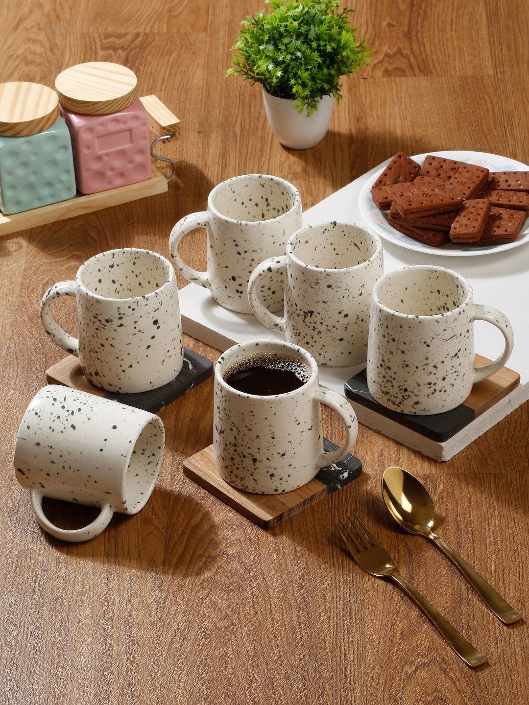 

Arrabi Cream & Grey 6 Pieces Printed Ceramic Matte Mugs 300ml Each