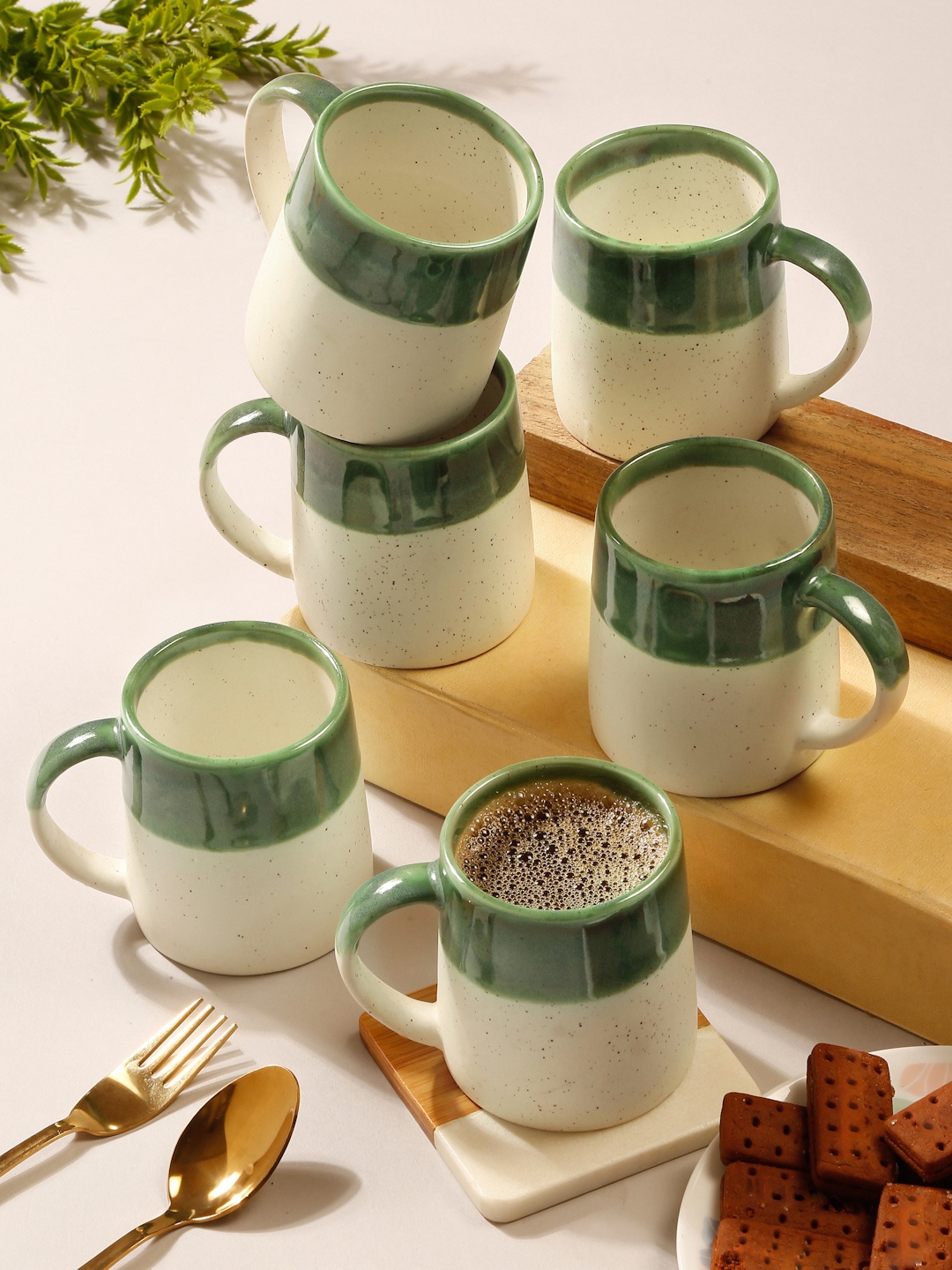 

Arrabi Green & Cream 6 Pieces Printed Ceramic Glossy Lava Mugs 300ml Each