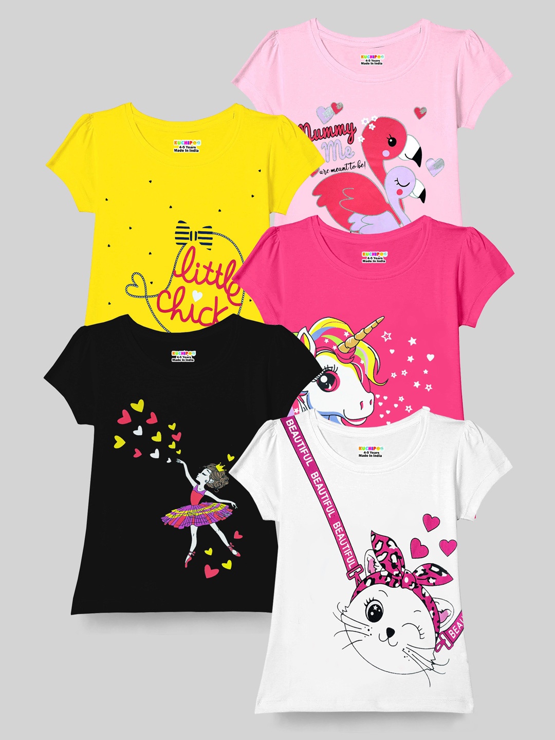 

KUCHIPOO Girls Pack Of 5 Graphic Printed T-shirt, Pink