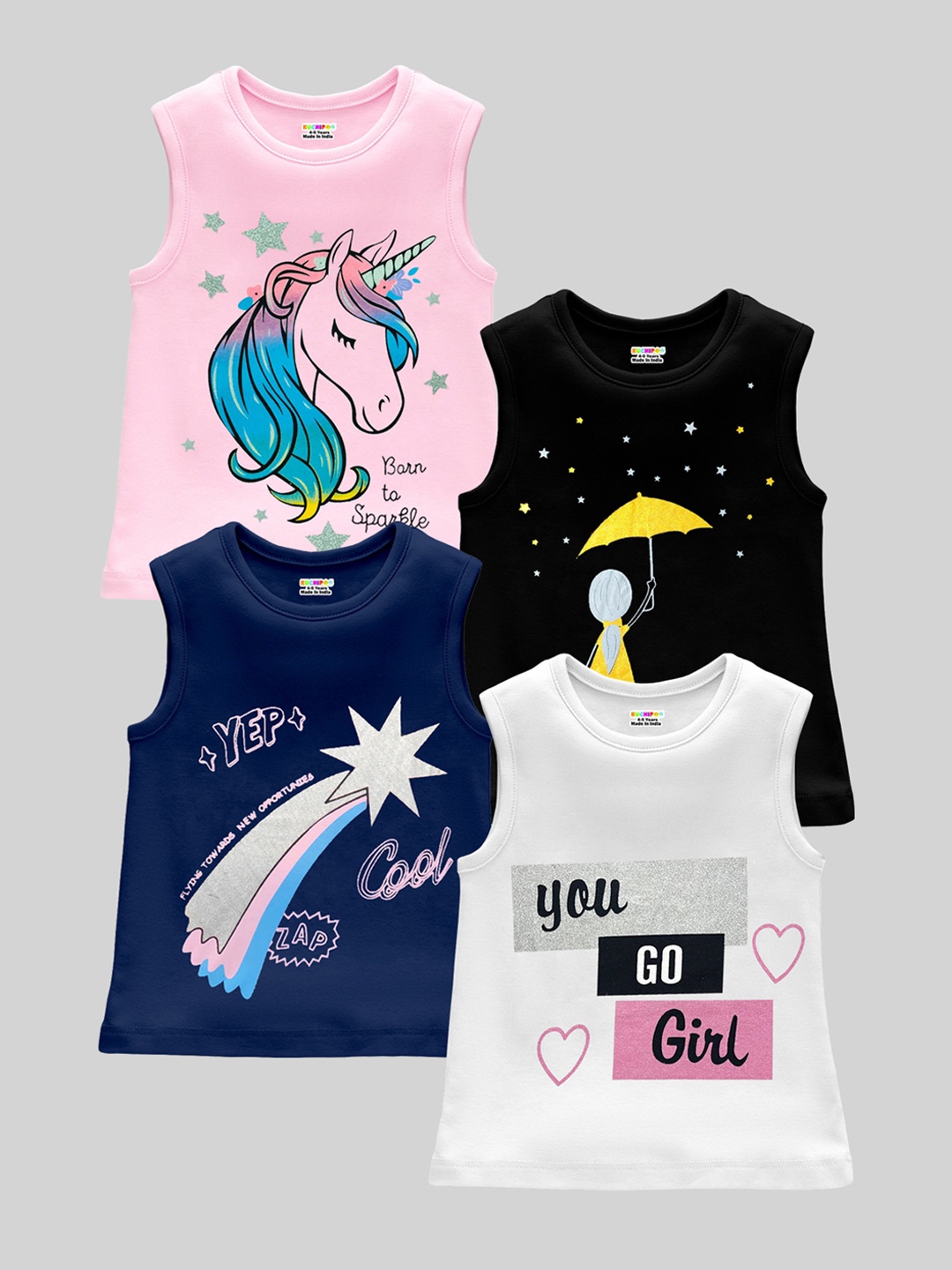 

KUCHIPOO Girls Pack Of 4 Typography Printed Applique T-shirt, Pink