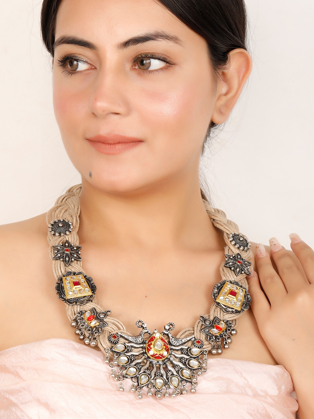 

VIVAZS Brass And Jute Oxidised Silver Kundan Studded Devine Motif Crochet Necklace