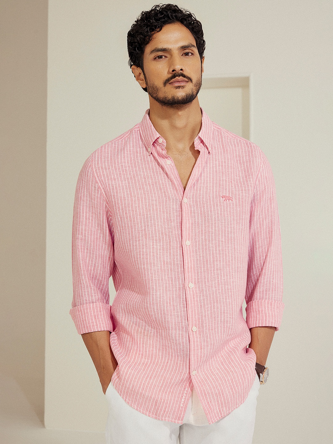 

Andamen Casual Men Striped Button-Down Collar Casual Shirt, Pink