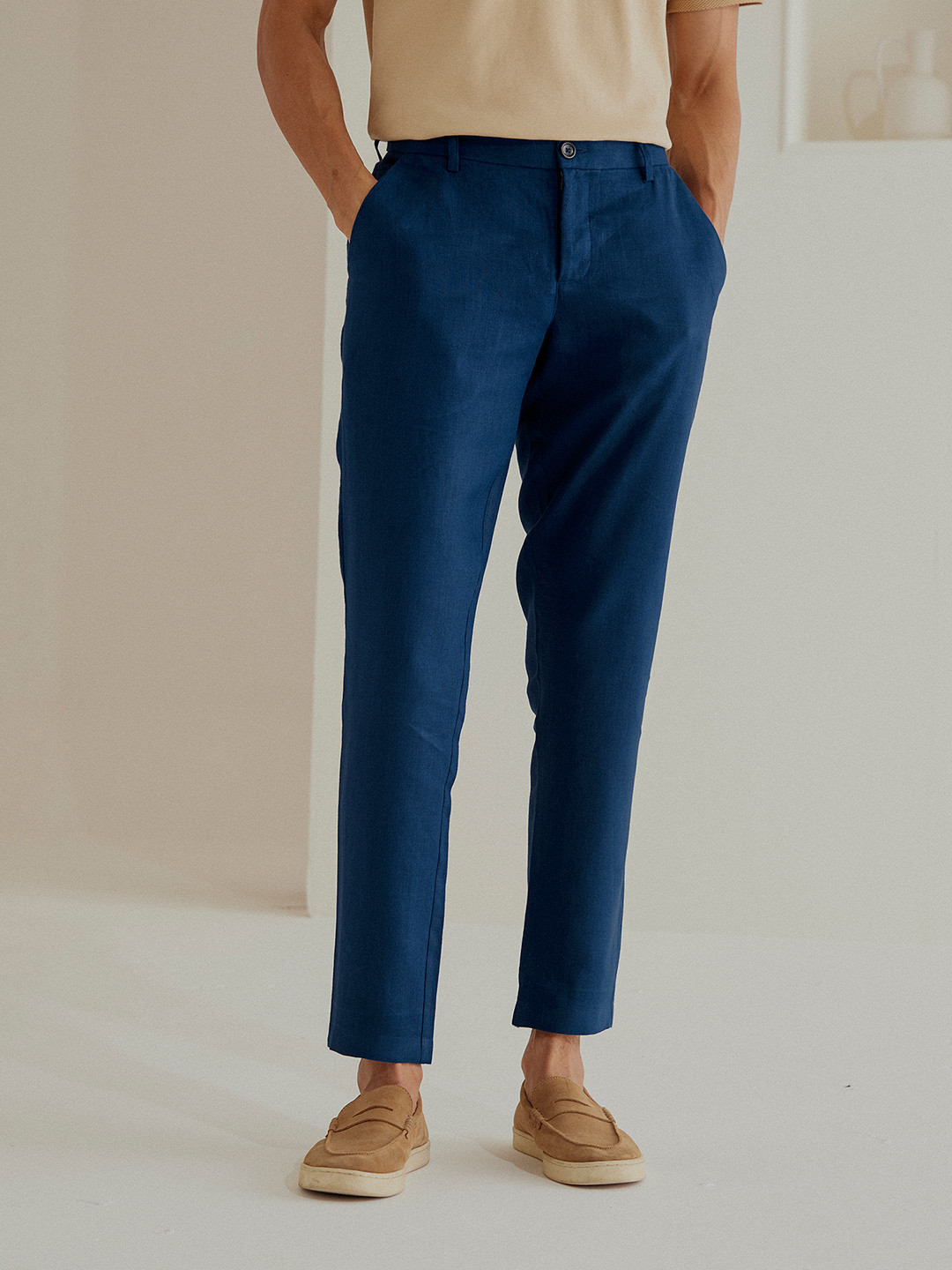 

Andamen Casual Men Solid Twill Linen Trouser, Navy blue