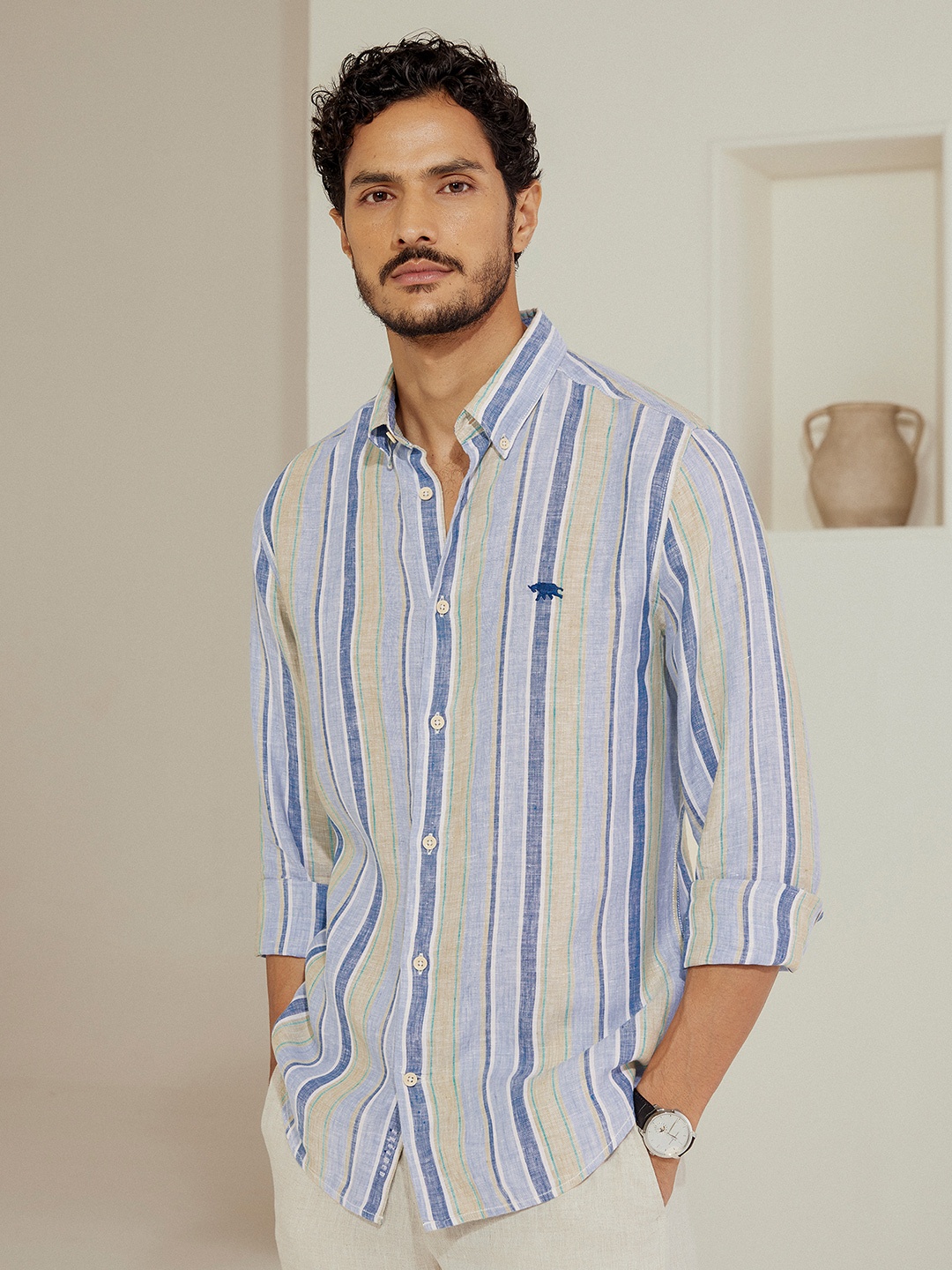

Andamen Casual Men Striped Button-Down Collar Casual Shirt, Blue