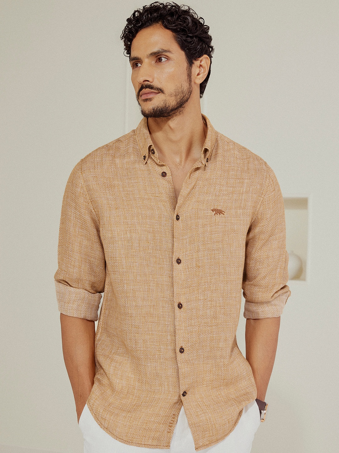 

Andamen Casual Men Solid Button-Down Collar Slim Fit Casual Shirt, Yellow