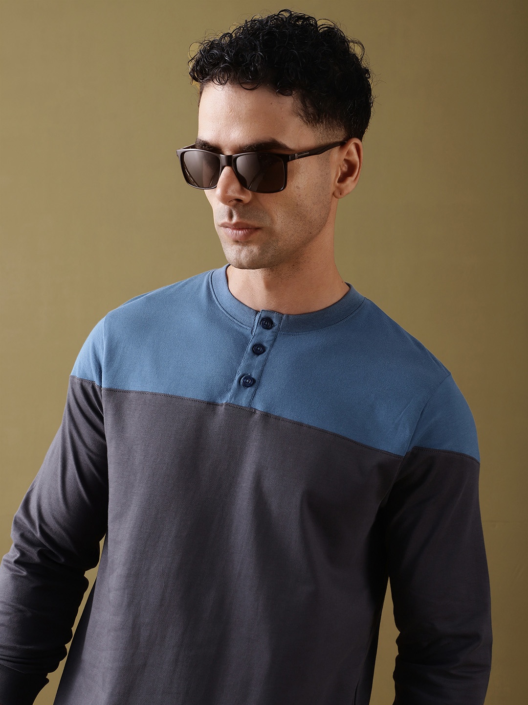 

DILLINGER Men Colourblocked Super Combed Cotton Henley T-Shirt, Teal