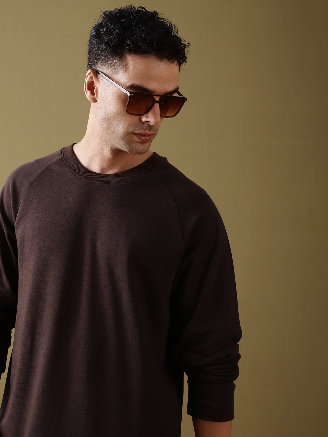 

DILLINGER Men Oversized Ultra Soft Drapey Cotton Long Sleeve Crew Raglan T-Shirt, Brown