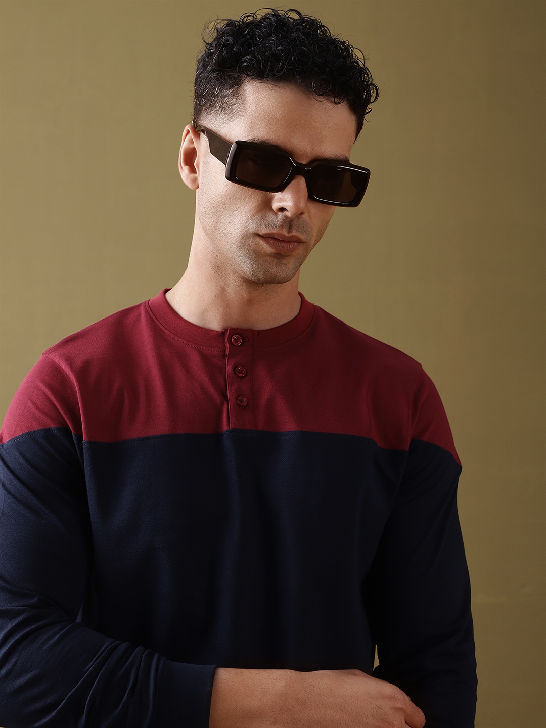 

DILLINGER Men Colourblocked Super Combed Cotton Henley T-Shirt, Maroon