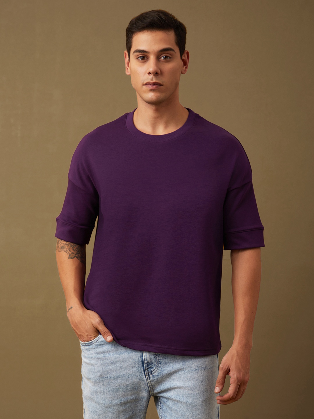 

DILLINGER Men Solid Ultra Soft Drapey Cotton Oversized Drop Shoulder T-Shirt, Lavender