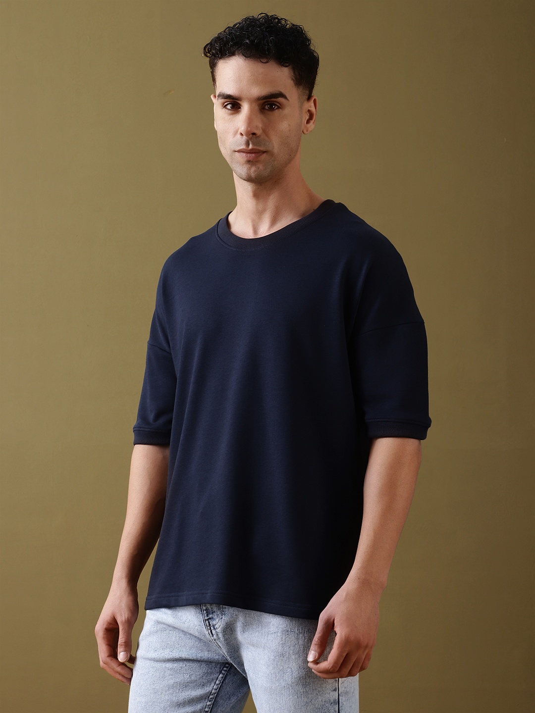 

DILLINGER Men Solid Ultra Soft Drapey Cotton Oversized Drop Shoulder T-Shirt, Navy blue