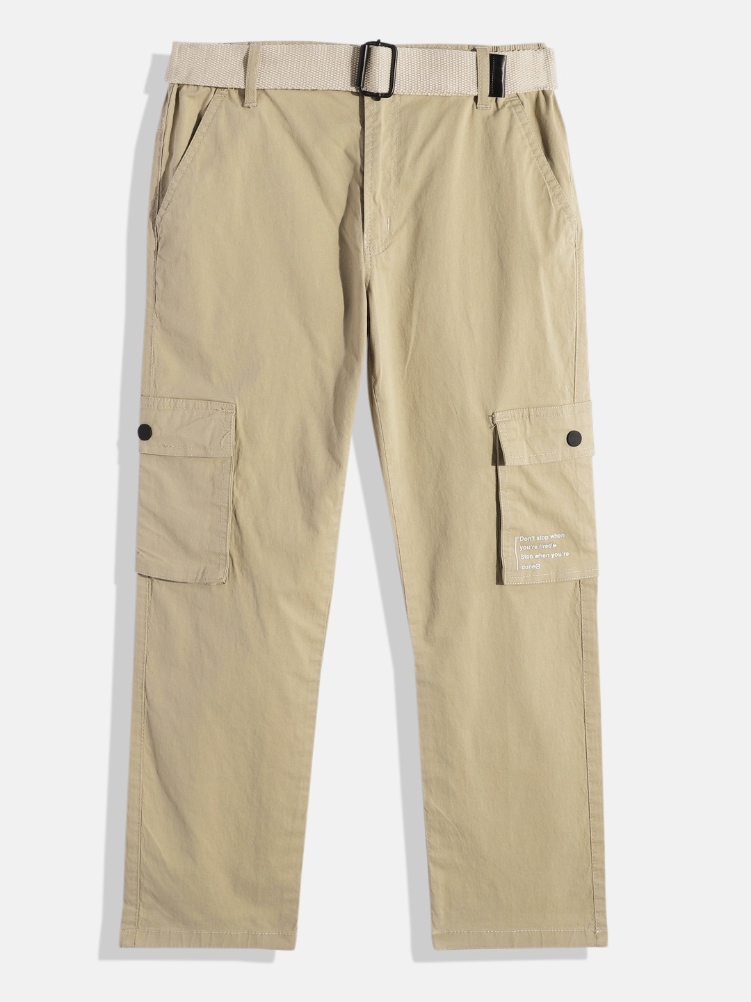 

CAVIO Boys Pure Cotton Comfort Cargo Trousers With Belt, Khaki