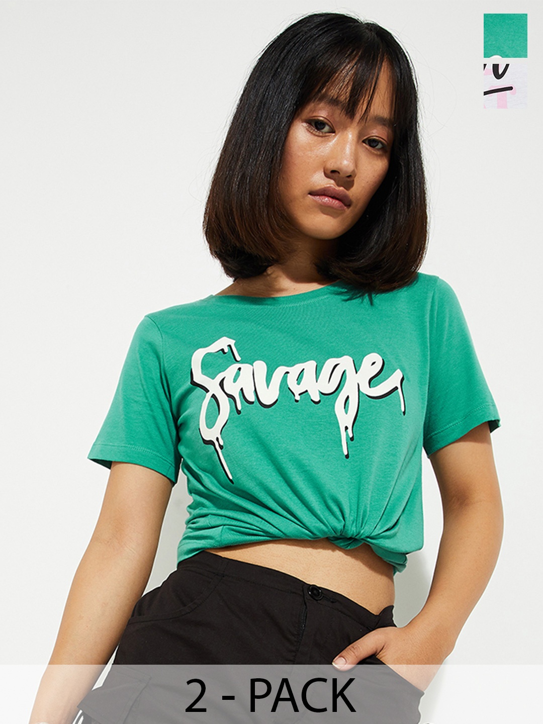 

max URB_N Women Pack of 2 - Typographic Printed T-shirt, Green