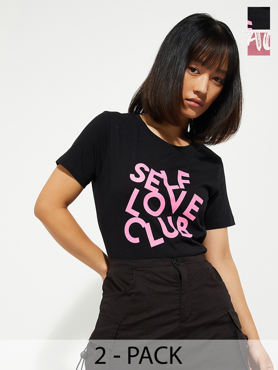 max URB_N Women Pack of 2 - Typographic Printed T-shirt, Black