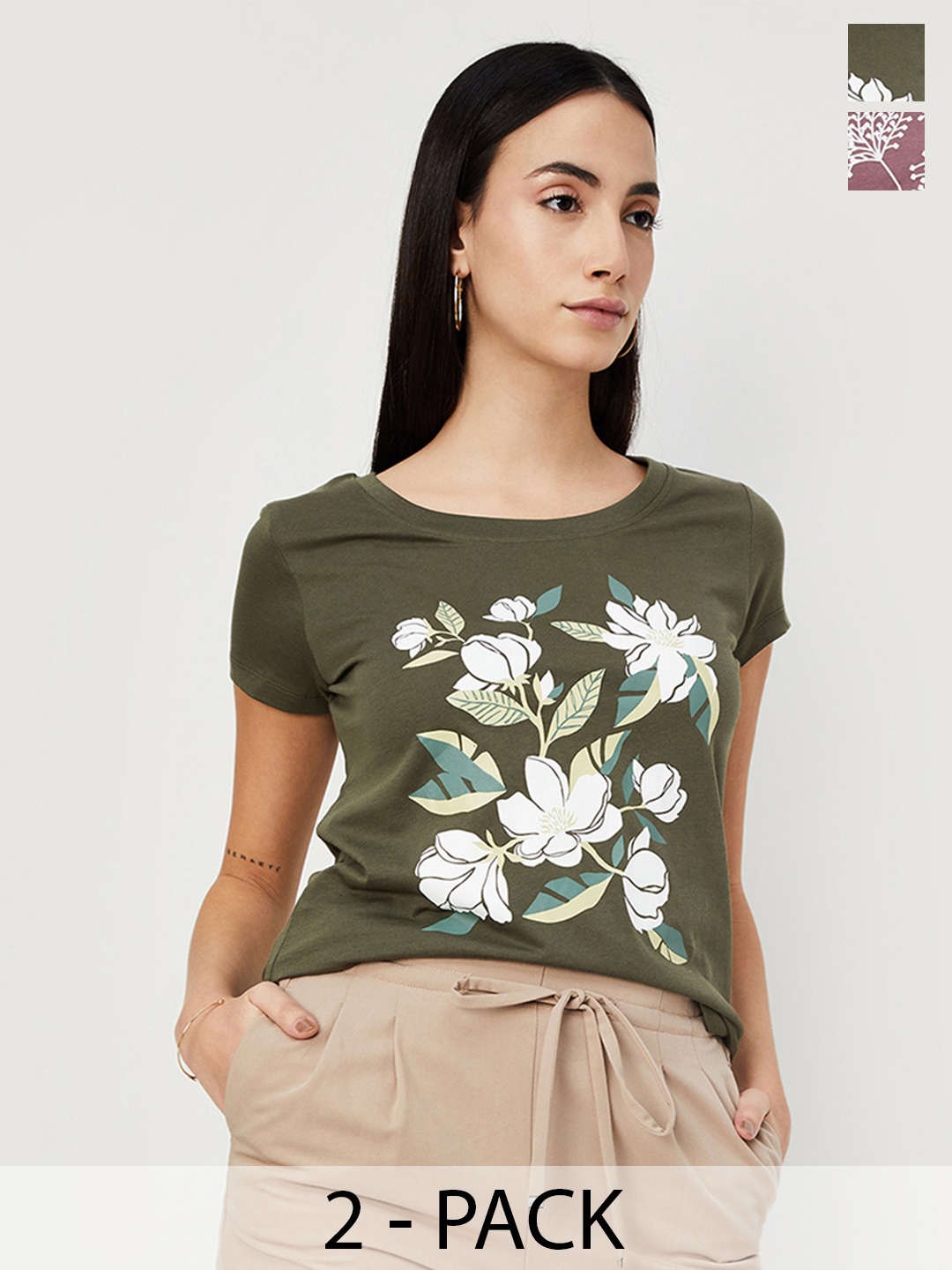 

Max Women Graphic Printed T-Shirt - Pack of 2, Green