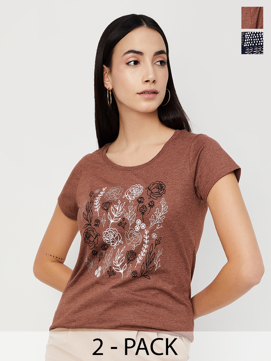 

max Women Pack of 2 - Graphic Printed T-shirt, Brown