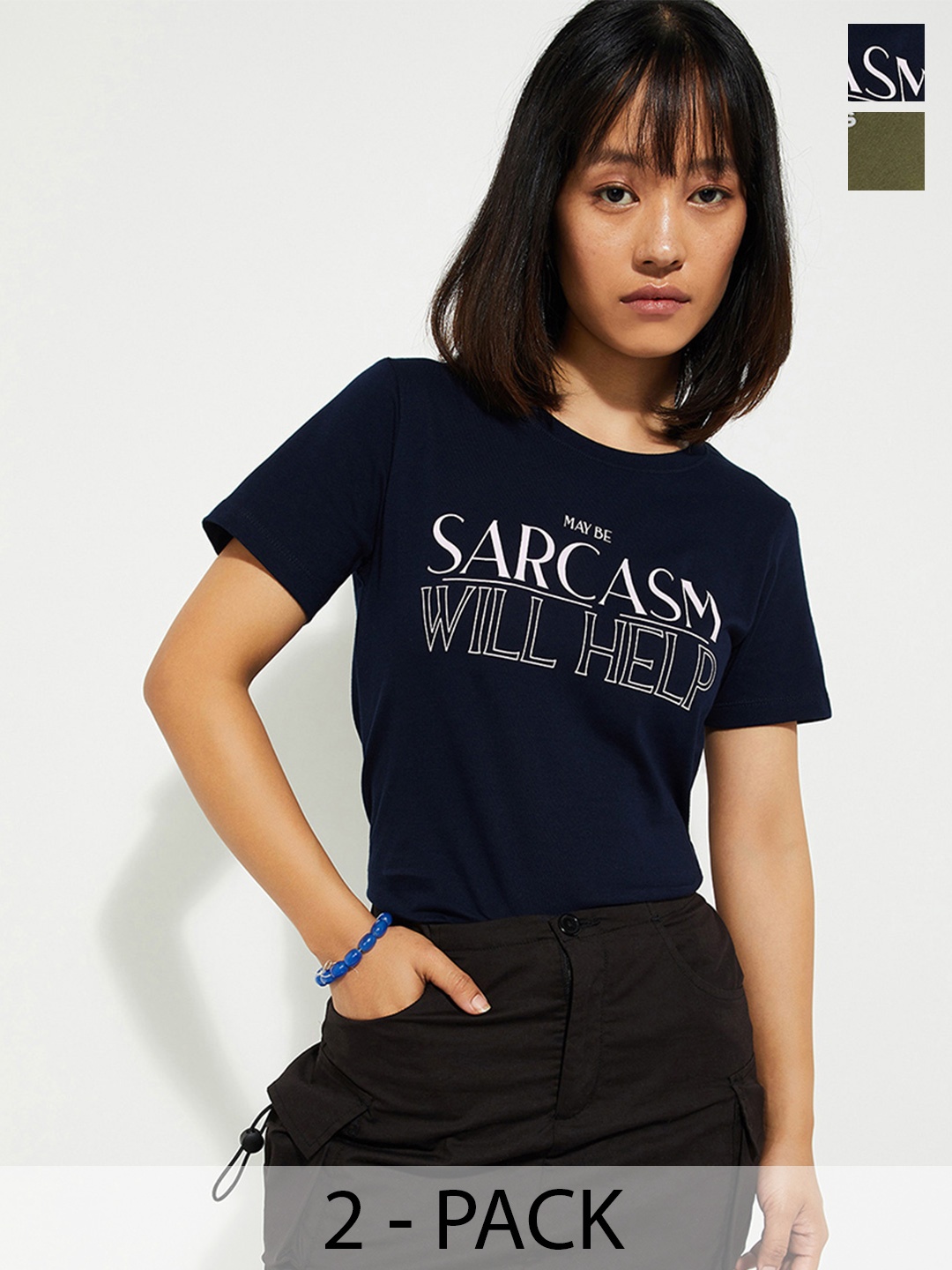 

Max URB_N Women Pack of 2 - Typographic Printed T-shirt, Black