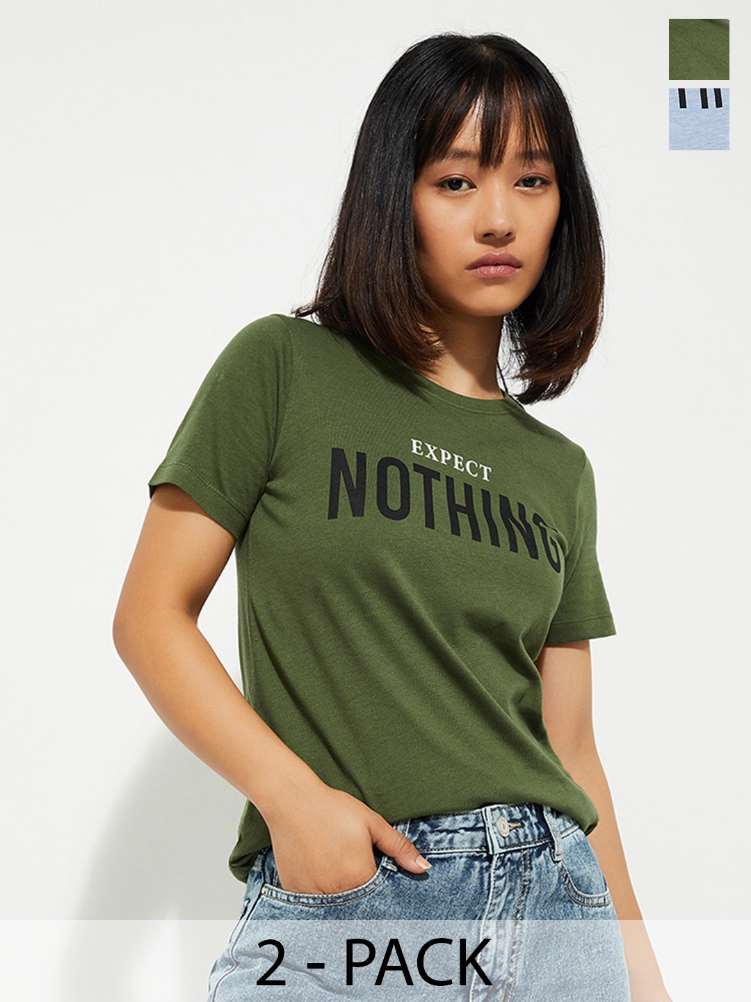 

Max Urb_N Women Typographic Printed T-Shirt - Pack of 2, Green