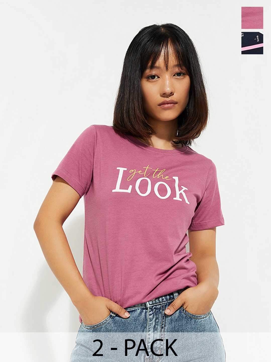

max URB_N Women Pack of 2 - Typographic Printed T-shirt, Multi