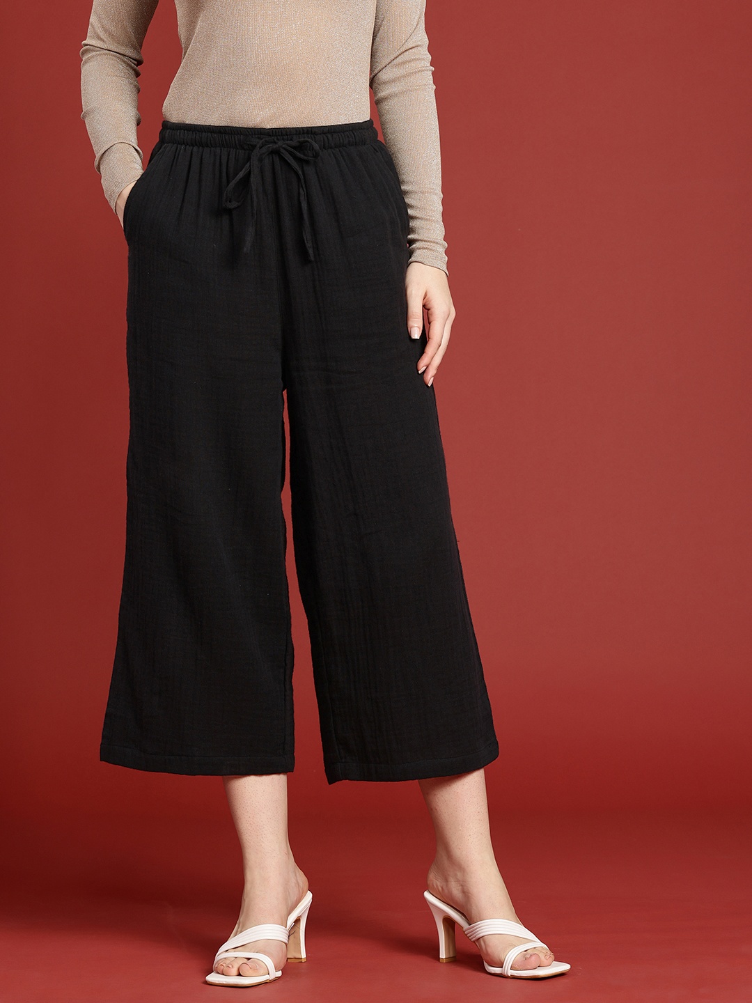 

Bareblow Wide Leg Cropped Palazzos, Black