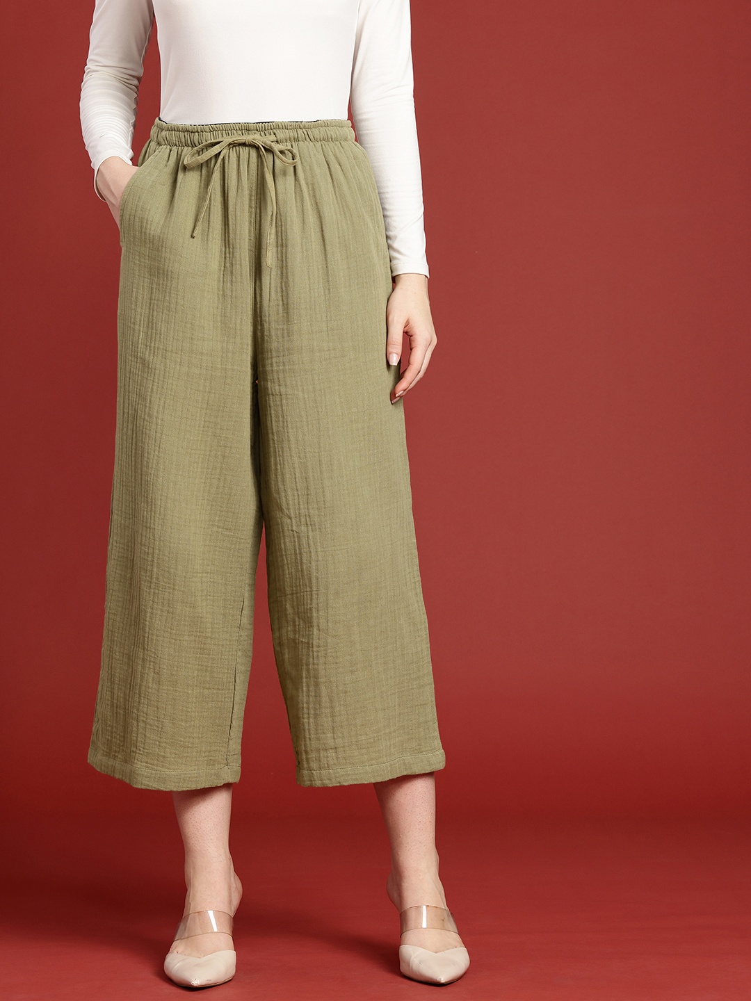 

Bareblow Wide Leg Cropped Palazzos, Olive