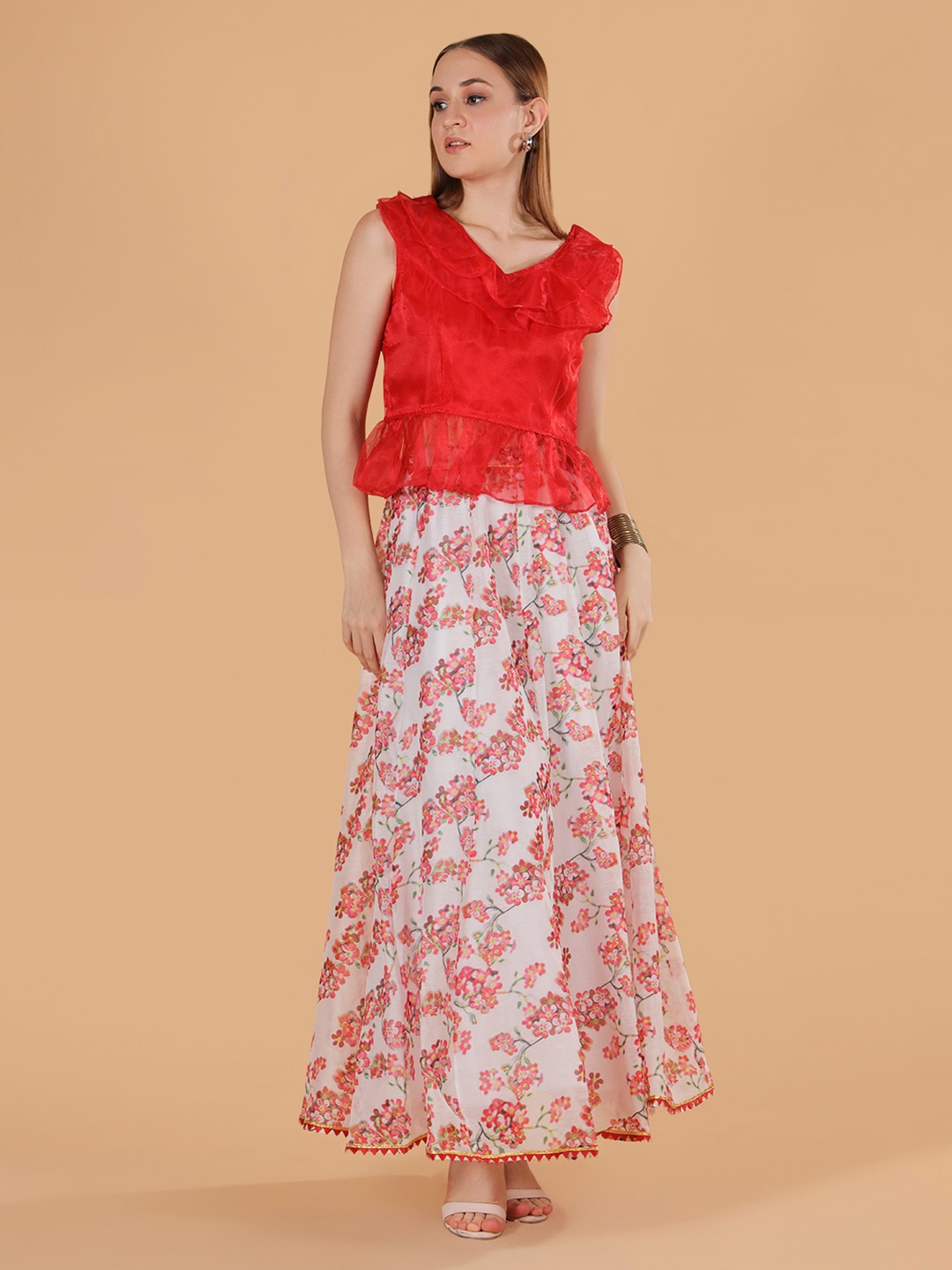 

Frolic Rolic Organza Frilled Top & Floral Print Silk Skirt Co Ords Set, Red