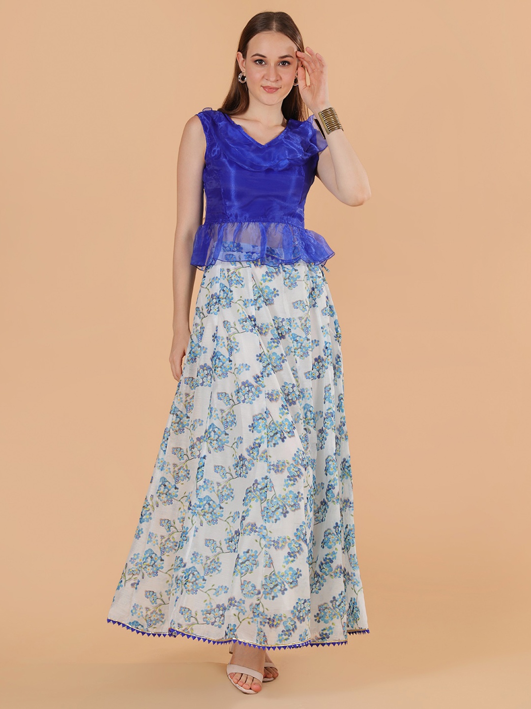 

Frolic Rolic Organza Frilled Top & Floral Print Silk Skirt Co Ords Set, Blue