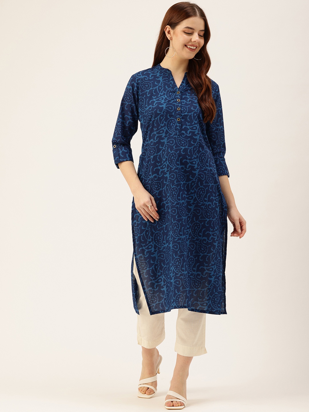 

AMUKTI Printed Mandarin Collar Roll-Up Sleeves Kurta, Navy blue