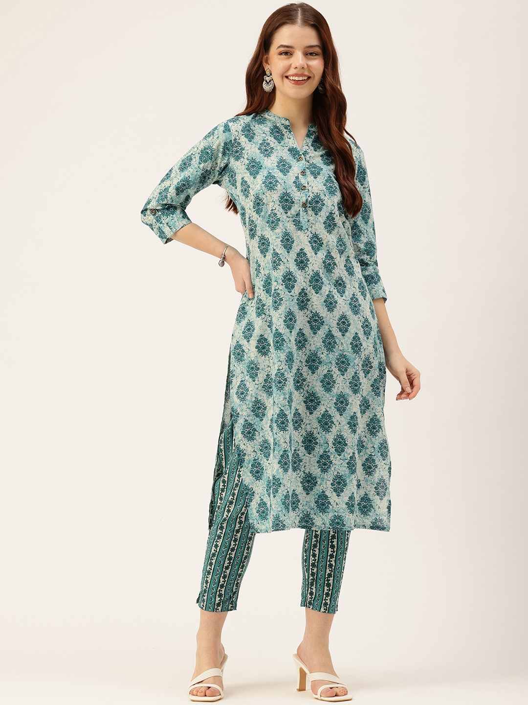 

AMUKTI Ethnic Motifs Printed Mandarin Collar Roll-Up Sleeves Kurta, Blue