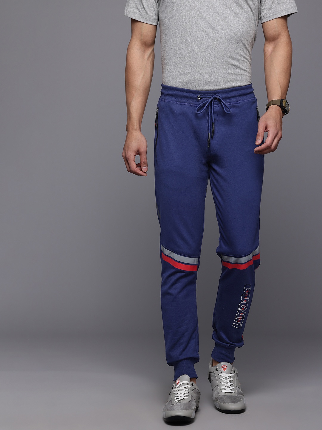 

Ducati Men Regular Fit Brand Logo Print Joggers with Reflective Detail, Navy blue