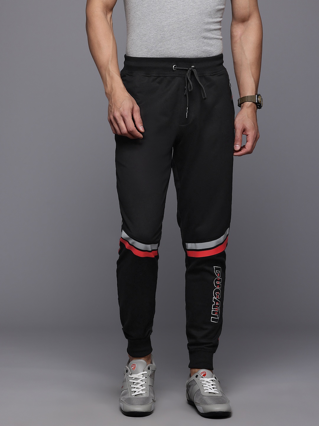 

Ducati Men Regular Fit Brand Logo Print Joggers with Reflective Detail, Black